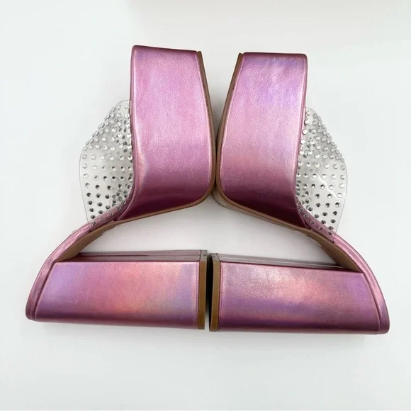 Steve Madden Ruby Embellished Heeled Platform Sandals Iridescent Pink - Picture 7 of 14